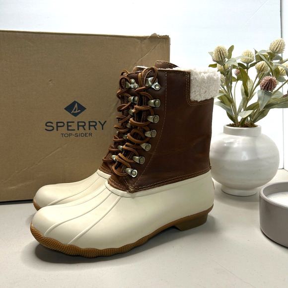 Sperry Top Sider Saltwater Waterproof Duck Boot Cream/Tan Women 9 Tried on - Picture 1 of 9